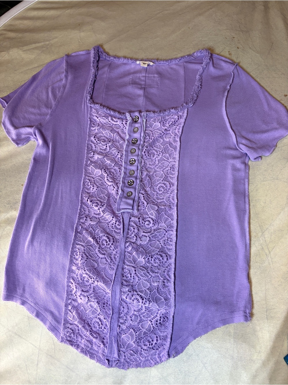 POL Lavender Lace-Front Short Sleeve Top. Super Stretch - Picture 10 of 10